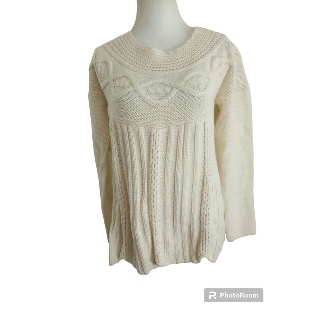Sigrid‎ Olsen L Large Sweater Cream Ivory Cable Knit Boat Neck Long Slv A Line